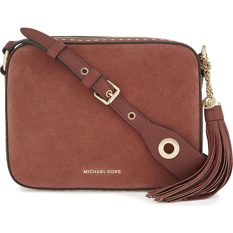 Brooklyn Large Suede And Leather Camera Bag, Women's, Brick - predominant colour: tan; occasions: casual, creative work; type of pattern: standard; style: messenger; length: across body/long; size: small; material: leather; pattern: plain; finish: plain; season: a/w 2016; wardrobe: highlight