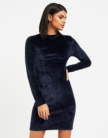 Velvet Short Dress - length: mini; fit: tight; pattern: plain; neckline: high neck; style: bodycon; hip detail: draws attention to hips; predominant colour: navy; occasions: evening; fibres: polyester/polyamide - stretch; sleeve length: long sleeve; sleeve style: standard; pattern type: fabric; texture group: velvet/fabrics with pile; season: a/w 2016; wardrobe: event; trends: velvet