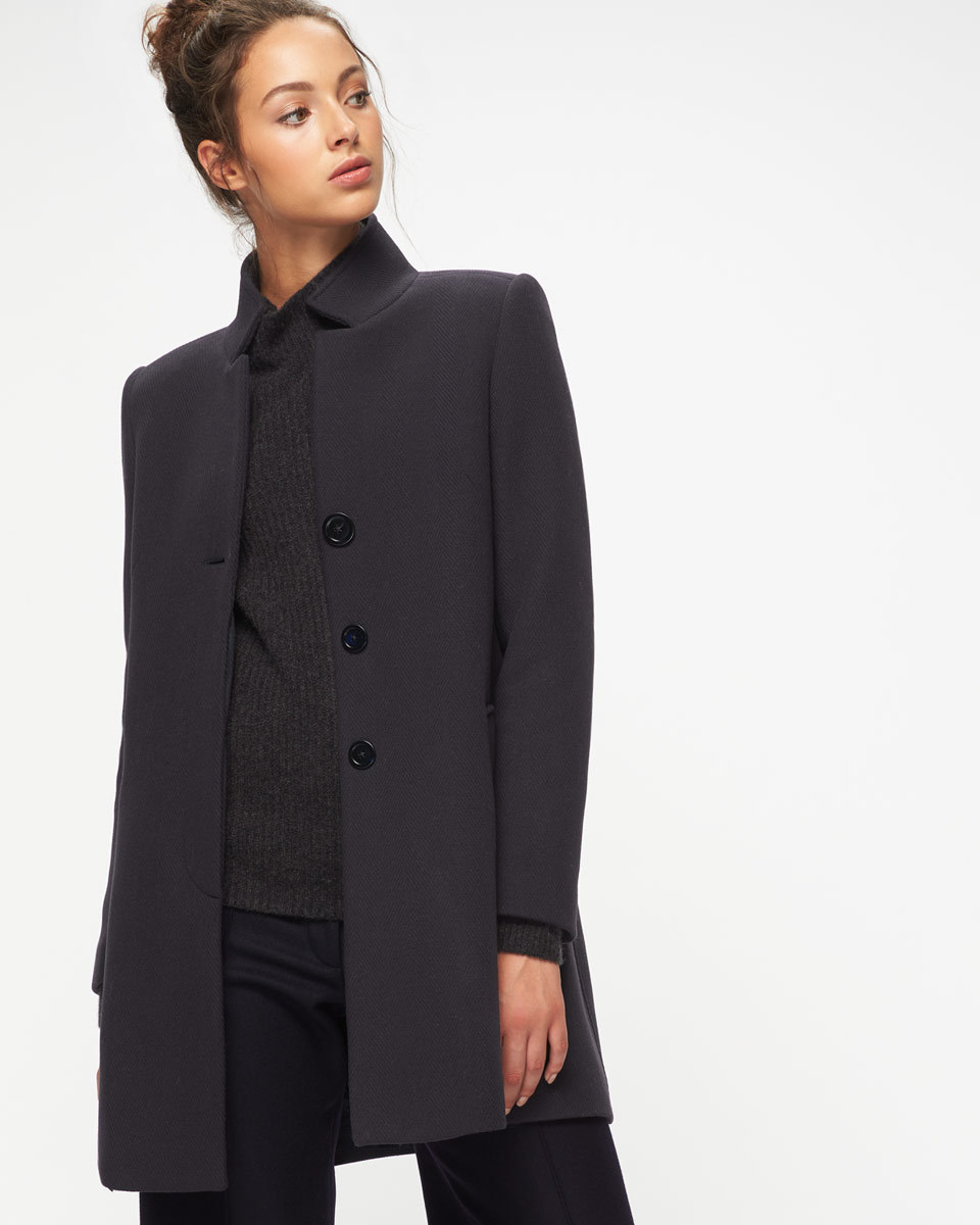 Herringbone Funnel Neck Coat - pattern: plain; length: below the bottom; collar: funnel; style: single breasted; predominant colour: black; occasions: work, creative work; fit: straight cut (boxy); fibres: wool - mix; sleeve length: long sleeve; sleeve style: standard; collar break: high; pattern type: fabric; texture group: woven light midweight; wardrobe: investment; season: a/w 2016
