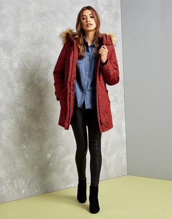 Faux Fur Hooded Parka - pattern: plain; collar: funnel; fit: loose; style: parka; back detail: hood; length: mid thigh; predominant colour: terracotta; occasions: casual; fibres: polyester/polyamide - 100%; sleeve length: long sleeve; sleeve style: standard; collar break: high; pattern type: fabric; texture group: other - bulky/heavy; season: a/w 2016; wardrobe: highlight