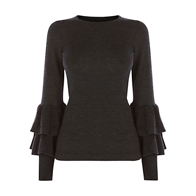 Raffie Raffle Sleeve Knit Top - pattern: plain; style: standard; predominant colour: charcoal; occasions: casual, creative work; length: standard; fibres: wool - 100%; fit: standard fit; neckline: crew; sleeve length: long sleeve; sleeve style: standard; texture group: knits/crochet; pattern type: knitted - fine stitch; wardrobe: basic; season: a/w 2016; trends: statement sleeves