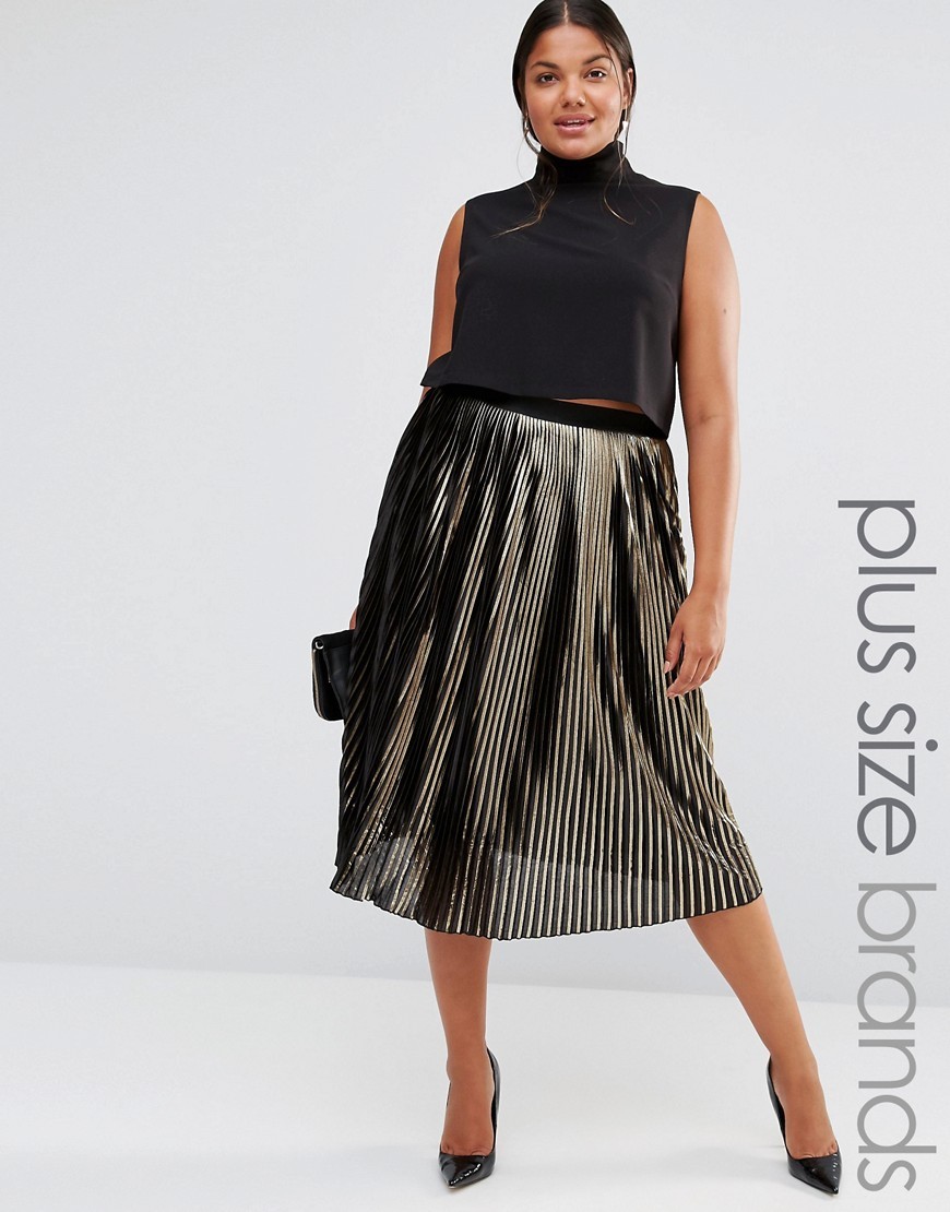 Metallic Plisse Skirt Gold - length: below the knee; fit: loose/voluminous; style: pleated; waist: high rise; predominant colour: gold; secondary colour: black; occasions: evening; fibres: polyester/polyamide - 100%; hip detail: adds bulk at the hips; waist detail: feature waist detail; texture group: sheer fabrics/chiffon/organza etc.; pattern type: fabric; pattern: colourblock; season: a/w 2016; wardrobe: event