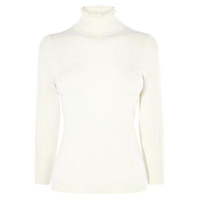 Dot And Frill Knit Jumper, Ivory - pattern: plain; neckline: roll neck; style: standard; predominant colour: ivory/cream; occasions: casual; length: standard; fibres: viscose/rayon - stretch; fit: standard fit; sleeve length: long sleeve; sleeve style: standard; texture group: knits/crochet; pattern type: knitted - fine stitch; wardrobe: basic; season: a/w 2016
