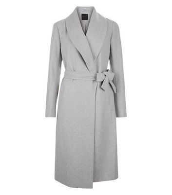 Grey Belted Longline Coat - pattern: plain; style: wrap around; collar: standard lapel/rever collar; length: calf length; predominant colour: light grey; occasions: casual; fit: tailored/fitted; fibres: polyester/polyamide - mix; waist detail: belted waist/tie at waist/drawstring; sleeve length: long sleeve; sleeve style: standard; collar break: medium; pattern type: fabric; texture group: woven bulky/heavy; wardrobe: basic; season: a/w 2016