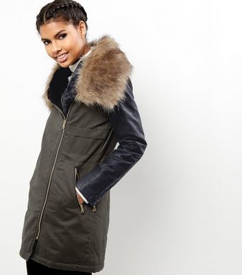 Khaki Leather Look Sleeve Faux Fur Collar Parka - pattern: plain; fit: loose; style: parka; length: mid thigh; predominant colour: khaki; secondary colour: black; occasions: casual; fibres: cotton - 100%; sleeve length: long sleeve; sleeve style: standard; texture group: leather; collar: fur; collar break: high/illusion of break when open; pattern type: fabric; embellishment: fur; multicoloured: multicoloured; season: a/w 2016; wardrobe: highlight; embellishment location: neck