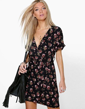 Floral Batwing Wrap Tie Waist Dress - style: faux wrap/wrap; neckline: v-neck; pattern: horizontal stripes; secondary colour: pink; predominant colour: black; occasions: casual; length: just above the knee; fit: body skimming; fibres: viscose/rayon - stretch; sleeve length: short sleeve; sleeve style: standard; pattern type: fabric; texture group: jersey - stretchy/drapey; multicoloured: multicoloured; season: a/w 2016; wardrobe: highlight