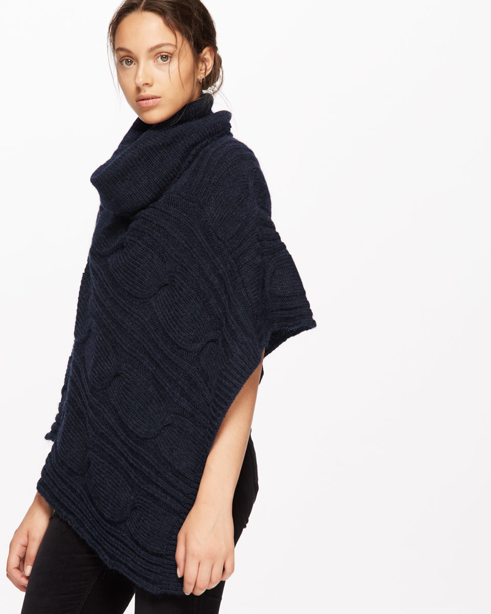 Cable Knit Roll Neck Poncho - length: below the bottom; neckline: roll neck; pattern: cable knit; style: poncho; predominant colour: navy; occasions: casual; fibres: wool - mix; fit: loose; sleeve length: short sleeve; texture group: knits/crochet; pattern type: knitted - other; sleeve style: cape/poncho sleeve; season: a/w 2016; wardrobe: highlight