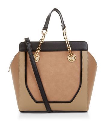 Mink Colour Block Chain Strap Tote Bag - predominant colour: camel; secondary colour: black; occasions: casual, creative work; type of pattern: standard; style: tote; length: handle; size: standard; material: faux leather; pattern: plain; finish: plain; wardrobe: investment; season: a/w 2016