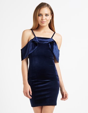 Velvet Frill Dress - length: mini; fit: tight; pattern: plain; style: bodycon; predominant colour: navy; occasions: evening; fibres: polyester/polyamide - stretch; shoulder detail: cut out shoulder; sleeve length: short sleeve; sleeve style: standard; neckline: medium square neck; pattern type: fabric; texture group: velvet/fabrics with pile; season: a/w 2016; wardrobe: event; trends: velvet
