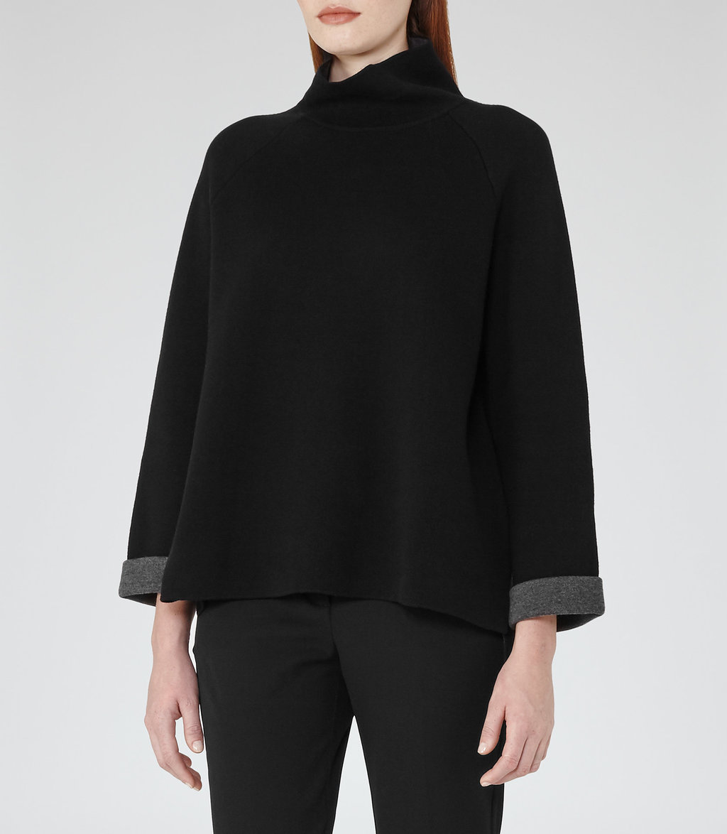 Chloe Womens Contrast Rollneck Jumper In Black - sleeve style: raglan; length: below the bottom; neckline: roll neck; style: standard; secondary colour: charcoal; predominant colour: black; occasions: casual, creative work; fibres: cotton - stretch; fit: loose; sleeve length: long sleeve; texture group: knits/crochet; pattern type: knitted - fine stitch; pattern size: light/subtle; pattern: colourblock; season: a/w 2016; wardrobe: highlight