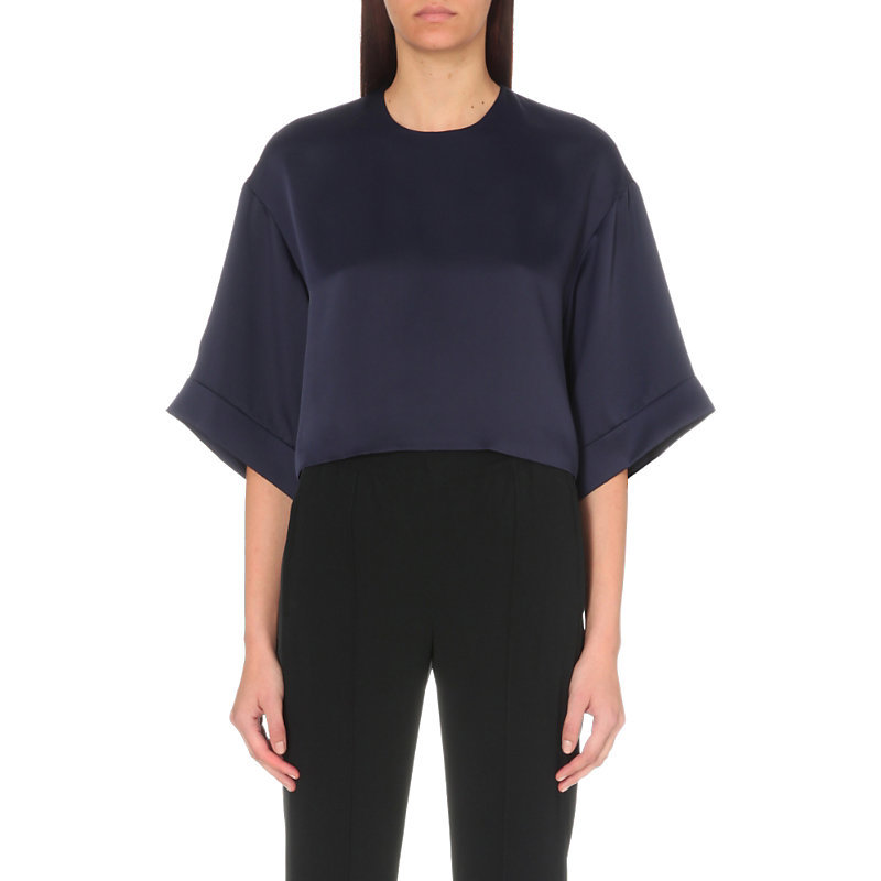 Annie Satin Top, Women's, Size: Large, Blue - neckline: round neck; pattern: plain; sleeve style: kimono; predominant colour: navy; occasions: evening, work; length: standard; style: top; fibres: polyester/polyamide - 100%; fit: loose; sleeve length: half sleeve; texture group: structured shiny - satin/tafetta/silk etc.; pattern type: fabric; wardrobe: basic; season: a/w 2016