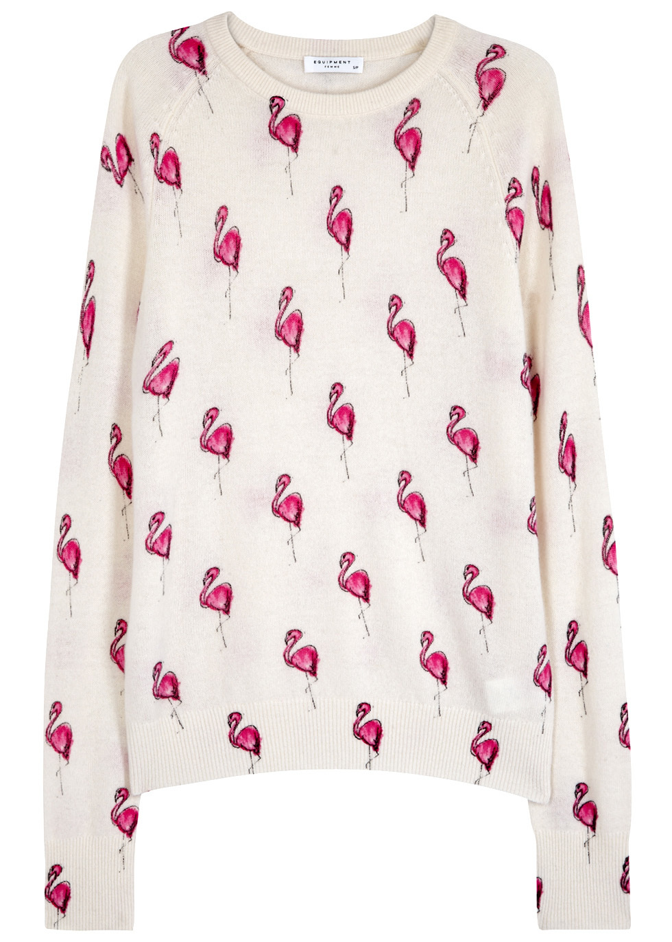 Sloane Flamingo Print Cashmere Jumper Size - neckline: round neck; style: standard; predominant colour: ivory/cream; occasions: casual, creative work; length: standard; fit: standard fit; fibres: cashmere - 100%; sleeve length: long sleeve; sleeve style: standard; texture group: knits/crochet; pattern type: knitted - fine stitch; pattern: patterned/print; pattern size: big & busy (top); season: a/w 2016; wardrobe: highlight