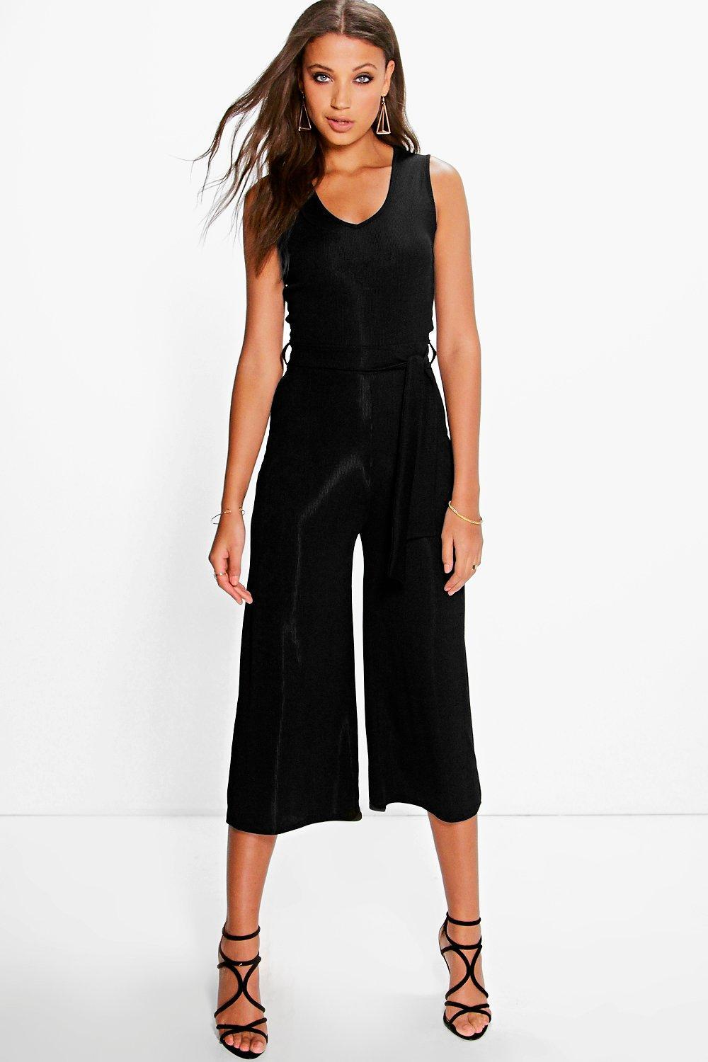 Naomi Ribbed Tie Front Culotte Jumpsuit Black - neckline: round neck; sleeve style: standard vest straps/shoulder straps; pattern: plain; predominant colour: black; occasions: evening; length: calf length; fit: body skimming; fibres: polyester/polyamide - stretch; sleeve length: sleeveless; style: jumpsuit; pattern type: fabric; texture group: jersey - stretchy/drapey; season: a/w 2016; wardrobe: event