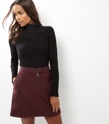 Burgundy Zip Front Skirt - length: mini; pattern: plain; fit: loose/voluminous; waist: high rise; predominant colour: burgundy; style: a-line; fibres: polyester/polyamide - 100%; waist detail: feature waist detail; pattern type: fabric; texture group: woven bulky/heavy; occasions: creative work; season: a/w 2016; wardrobe: highlight