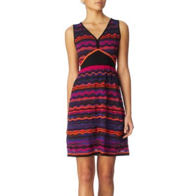 Knitted Dress - style: a-line; length: mid thigh; neckline: v-neck; fit: fitted at waist; pattern: horizontal stripes; sleeve style: sleeveless; waist detail: fitted waist; fibres: cotton - mix; material texture: metallic; occasions: occasion; predominant colour: multicoloured; sleeve length: sleeveless; pattern type: fabric; pattern size: standard