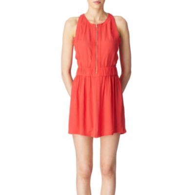 Buena Tennis Dress - length: mini; neckline: round neck; fit: fitted at waist; pattern: plain; sleeve style: sleeveless; bust detail: added detail/embellishment at bust, buttons at bust (in middle at breastbone)/zip detail at bust; waist detail: elasticated waist, fitted waist; predominant colour: bright orange; occasions: casual, evening; style: fit & flare; fibres: polyester/polyamide - 100%; hip detail: soft pleats at hip/draping at hip/flared at hip; trends: sports luxe, brights; sleeve length: sleeveless; pattern type: fabric; pattern size: standard