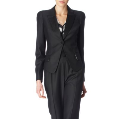 Tuxedo Jacket - pattern: plain; style: single breasted tuxedo; shoulder detail: shoulder pads; hip detail: front pockets at hip; collar: standard lapel/rever collar; predominant colour: black; occasions: evening, work; length: standard; fit: tailored/fitted; fibres: wool - 100%; material texture: sateen; waist detail: fitted waist; sleeve length: long sleeve; sleeve style: standard; texture group: structured shiny - satin/tafetta/silk etc.; collar break: medium; pattern type: fabric; pattern size: standard