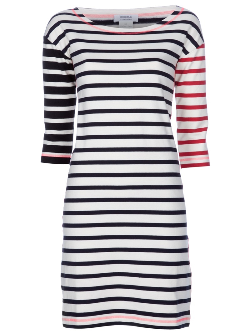 Striped Cotton Dress - style: t-shirt; neckline: slash/boat neckline; fit: tailored/fitted; pattern: horizontal stripes; occasions: casual; length: just above the knee; trends: prints; fibres: cotton - stretch; predominant colour: multicoloured; sleeve length: 3/4 length; sleeve style: standard; pattern type: fabric; pattern size: standard