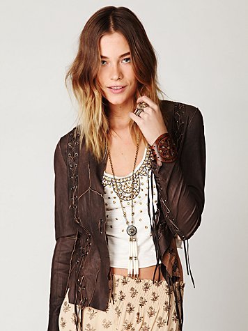 Lace Up Leather Jacket - style: single breasted blazer; collar: shawl/waterfall; fit: slim fit; predominant colour: chocolate brown; occasions: casual; length: standard; fibres: leather - 100%; material texture: lace; sleeve length: long sleeve; sleeve style: standard; texture group: lace; pattern type: fabric; pattern size: small & light; embellishment: beading