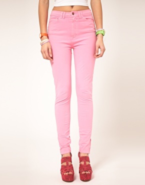 Coloured High Waist Jeans - style: skinny leg; length: standard; pattern: plain; pocket detail: traditional 5 pocket; waist: mid/regular rise; predominant colour: pink; occasions: casual; fibres: cotton - stretch; material texture: denim; texture group: denim; pattern type: fabric; pattern size: standard