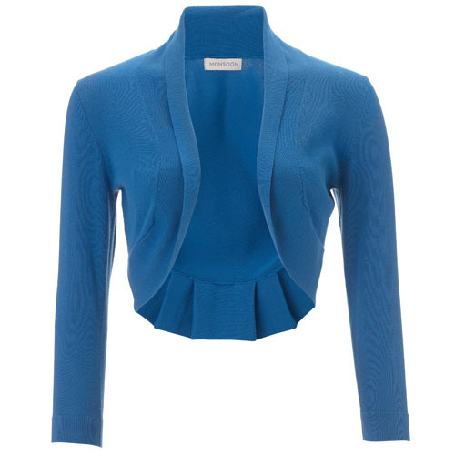 Cotton Shawl Shrug - pattern: plain; neckline: shawl; style: bolero/shrug; length: cropped; predominant colour: royal blue; occasions: casual, evening, work; fibres: cotton - stretch; fit: standard fit; back detail: longer hem at back than at front; trends: aquatic; sleeve length: long sleeve; sleeve style: standard; pattern type: knitted - other; pattern size: standard