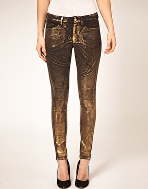 Gold Foil Jean - style: skinny leg; length: standard; pattern: metallic; pocket detail: traditional 5 pocket; waist: mid/regular rise; predominant colour: gold; occasions: casual, occasion; fibres: cotton - stretch; material texture: denim; texture group: denim; pattern type: fabric; pattern size: standard