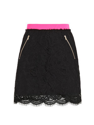 Lace Skirt - length: mini; pattern: plain, lace; fit: body skimming; waist detail: elasticated waist, wide waistband/cummerbund, embellishment at waist/feature waistband; hip detail: side pockets at hip, front pockets at hip; waist: mid/regular rise; predominant colour: black; occasions: evening, work; style: a-line; fibres: cotton - stretch; material texture: lace; texture group: lace; pattern type: fabric; pattern size: standard