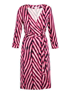 New Julian Dress - style: faux wrap/wrap; neckline: v-neck; pattern: print, striped, patterned/print; waist detail: fitted waist, belted waist/tie at waist/drawstring; predominant colour: hot pink; occasions: casual, evening, work; length: on the knee; fit: fitted at waist & bust; trends: jewel tones, prints; fibres: silk - 100%; hip detail: soft pleats at hip/draping at hip/flared at hip; sleeve length: 3/4 length; sleeve style: standard; pattern type: fabric; pattern size: standard