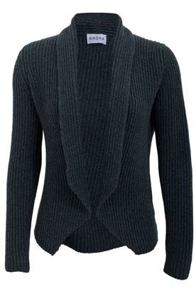 Lead Cashmere Ribbed Shawl Bolero - pattern: plain; neckline: shawl; predominant colour: navy; occasions: casual, work; length: standard; style: standard; trends: knitwear; fibres: wool - 100%; fit: slim fit; sleeve length: long sleeve; sleeve style: standard; pattern type: knitted - other; pattern size: standard