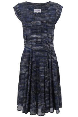 Grey & Blue Pleated Front Silk Cotton Dress - sleeve style: capped; fit: fitted at waist; pattern: lightly patterned, striped, abstract, patterned/print; waist detail: fitted waist, twist front waist detail/nipped in at waist on one side/soft pleats/draping/ruching/gathering waist detail; bust detail: ruching/gathering/draping/layers/pintuck pleats at bust; predominant colour: navy; occasions: casual, work; length: on the knee; style: fit & flare; neckline: scoop; fibres: silk - mix; hip detail: soft pleats at hip/draping at hip/flared at hip, sculpting darts/pleats/seams at hip; trends: prints; sleeve length: short sleeve; pattern type: fabric; pattern size: small & light