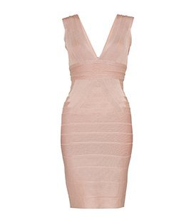 Martina Bandage Dress - neckline: low v-neck; pattern: plain; sleeve style: sleeveless; style: bodycon; back detail: low cut/open back; predominant colour: blush; occasions: evening, occasion; length: just above the knee; fit: body skimming; trends: evening wear; fibres: polyester/polyamide - stretch; sleeve length: sleeveless; pattern type: fabric; pattern size: standard
