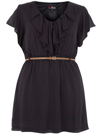 Lovedrobe Navy Cap Sleeve Frill Top - neckline: v neck; pattern: plain; waist detail: fitted waist, belted waist/belt detail/tie at waist; length: below the bottom; shoulder detail: tiers/frills/ruffles/ruching/gathering at shoulder; style: blouse; bust detail: tiers/ruffles/ruching/gathering/draping/layers/pleats at bust; sleeve: angel (short); predominant colour: dark navy; occasions: casual wear, work wear; material: 100% synthetic; material texture: jersey; fit: body skimming