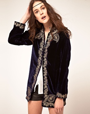 'Sweet Sargeant' Velvet Embroidered Jacket - pattern: plain; style: single breasted blazer; bust detail: added detail/embellishment at bust; collar: mandarin; length: below the bottom; predominant colour: royal blue; occasions: casual, occasion; fit: straight cut (boxy); fibres: silk - 100%; material texture: velvet; hip detail: added detail/embellishment at hip; sleeve length: long sleeve; sleeve style: standard; texture group: corduroy; collar break: high; pattern type: fabric; pattern size: standard; embellishment: embroidered
