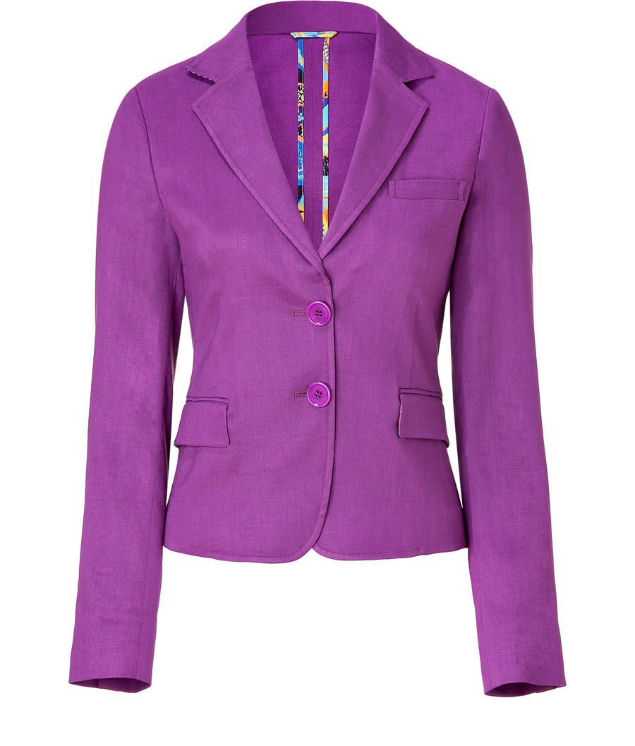 Lilac Classic Short Jacket - pattern: plain; shoulder detail: shoulder pads; bust detail: added detail/embellishment at bust; hip detail: side pockets at hip; style: tailored/fitted; collar: standard lapel/rever collar; predominant colour: purple; occasions: casual, evening, work; length: standard; fit: tailored/fitted; fibres: linen - mix; material texture: lace; waist detail: fitted waist; trends: brights; sleeve length: long sleeve; sleeve style: standard; texture group: lace; pattern type: fabric; pattern size: standard