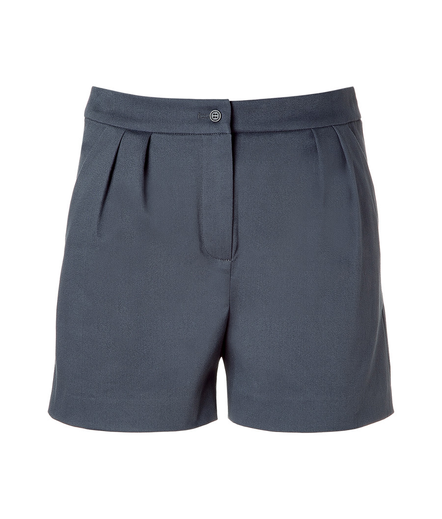Grey Shorts - style: shorts; waist detail: fitted waist, narrow waistband; waist: high rise; pocket detail: pockets at the sides; length: short shorts; predominant colour: charcoal; occasions: casual, evening; fibres: cotton - mix; hip detail: front pleats at hip level; fit: straight leg