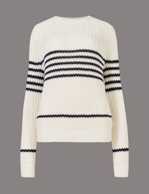 Striped Chunky Jumper - neckline: round neck; pattern: horizontal stripes; style: standard; predominant colour: ivory/cream; occasions: casual, work, creative work; length: standard; fibres: cotton - mix; fit: standard fit; sleeve length: long sleeve; sleeve style: standard; texture group: knits/crochet; pattern type: knitted - other; pattern size: standard; season: a/w 2016; wardrobe: highlight; trends: monochrome