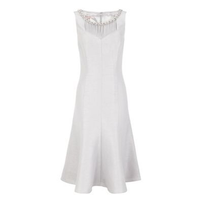 Silver Grey Dress - style: a-line; length: below the knee; neckline: round neck; pattern: plain; sleeve style: sleeveless; bust detail: added detail/embellishment at bust, contrast pattern/fabric/detail at bust; waist detail: fitted waist; hip detail: fitted at hip; shoulder detail: contrast pattern/fabric at shoulder; predominant colour: silver; occasions: evening, occasion; fit: soft a-line; fibres: polyester/polyamide - 100%; material texture: satin; trends: white; sleeve length: sleeveless; texture group: structured shiny - satin/tafetta/silk etc.; pattern type: fabric; pattern size: standard