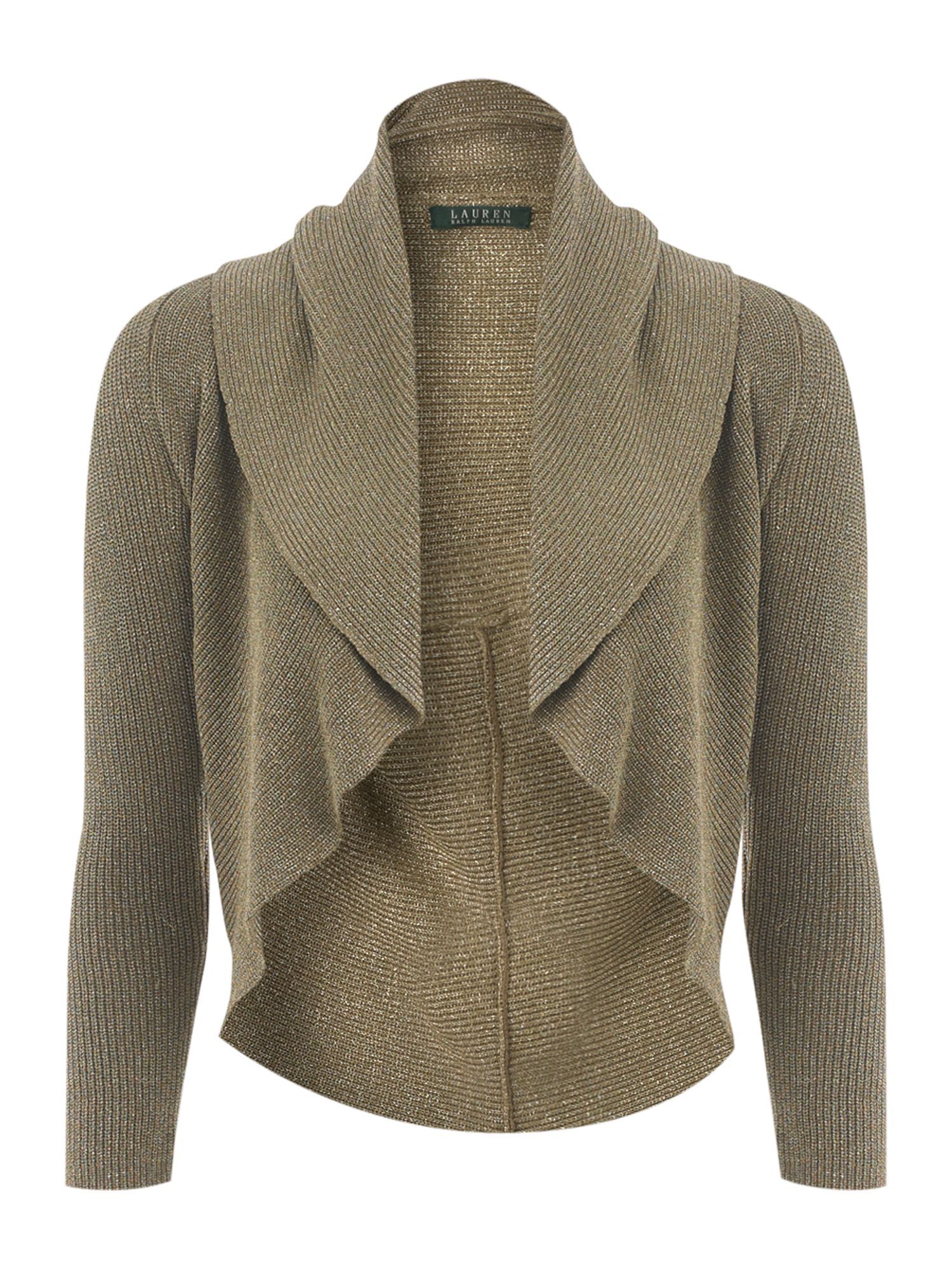 Women's Silk Mix Cardigan, Bronze - pattern: plain; neckline: shawl; style: bolero/shrug; length: cropped; predominant colour: gold; occasions: casual, evening; fibres: silk - mix; material texture: metallic; fit: slim fit; back detail: longer hem at back than at front; sleeve length: 3/4 length; sleeve style: standard; pattern type: knitted - other; pattern size: standard