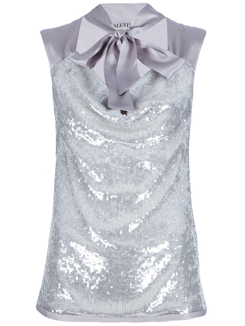Sequin Embellished Top - pattern: plain; sleeve style: sleeveless; bust detail: added detail/embellishment at bust; neckline: pussy bow; predominant colour: silver; occasions: evening, occasion; length: standard; style: top; fibres: silk - 100%; material texture: metallic; fit: body skimming; trends: aquatic; sleeve length: sleeveless; pattern type: fabric; pattern size: standard; embellishment: sequins