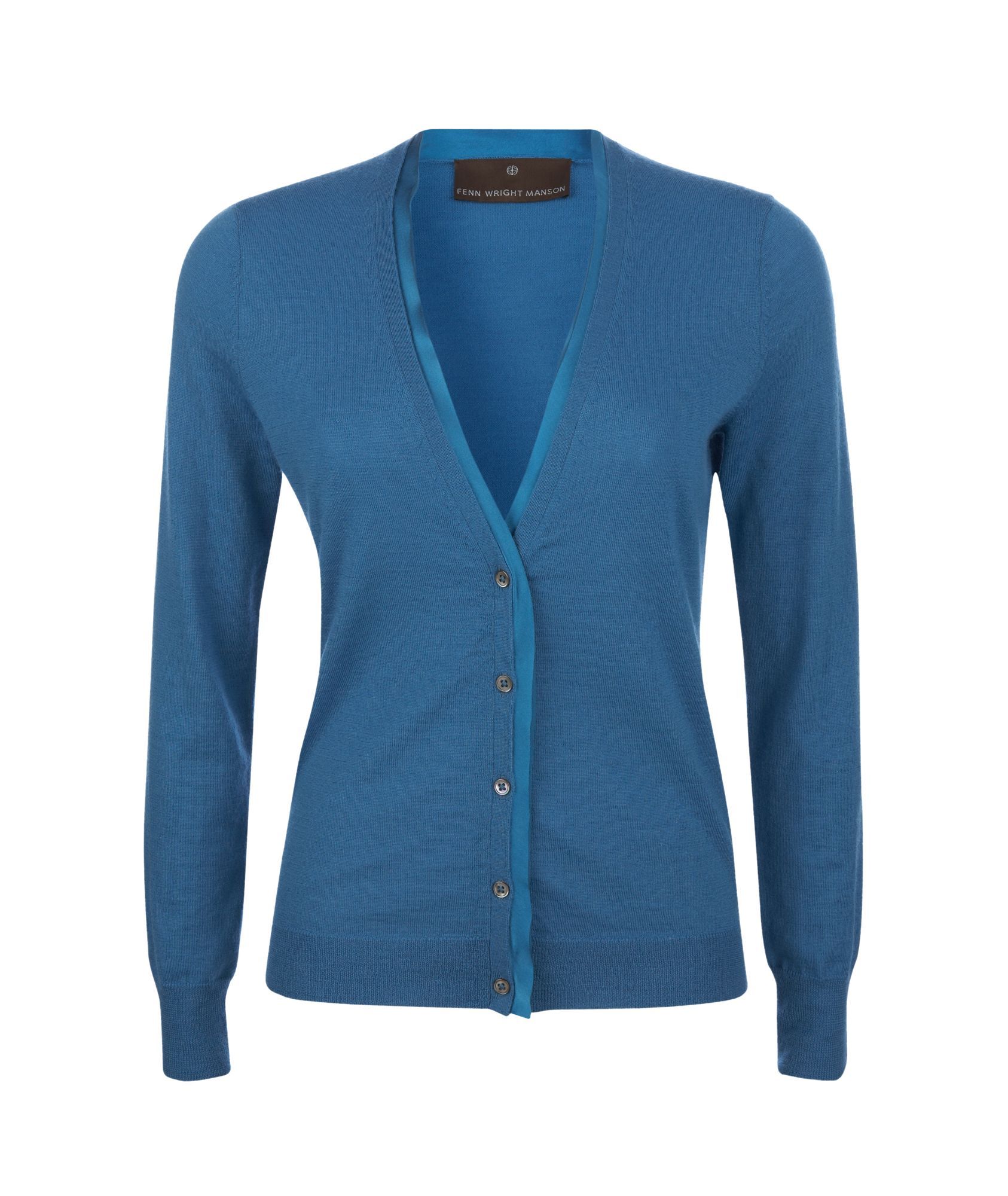 Women's Merino Silk Trim Cardi, Lagoon - neckline: v-neck; pattern: plain; bust detail: buttons at bust (in middle at breastbone)/zip detail at bust; predominant colour: royal blue; occasions: casual; length: standard; style: standard; trends: knitwear; fibres: wool - 100%; fit: standard fit; sleeve length: long sleeve; sleeve style: standard; pattern type: knitted - other; pattern size: standard
