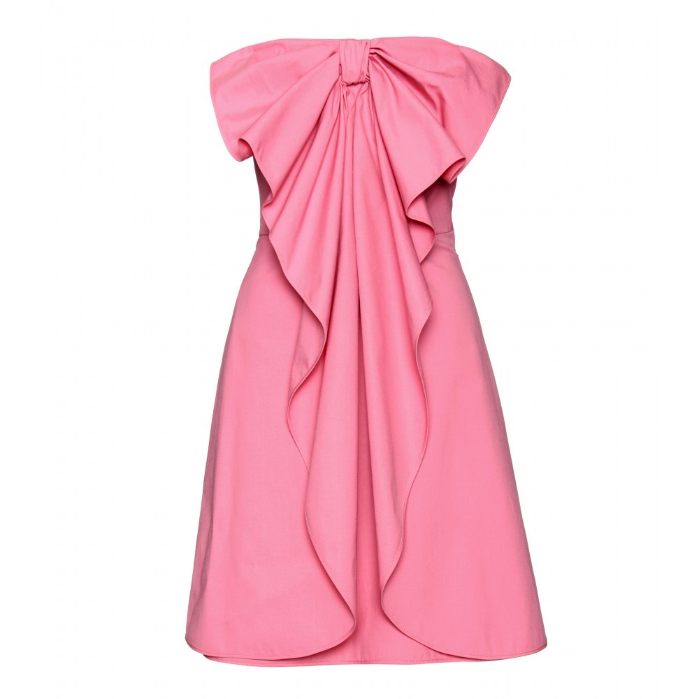 Strapless Bow Dress - neckline: strapless (straight/sweetheart); fit: tailored/fitted; pattern: plain; sleeve style: strapless; style: strapless; bust detail: ruching/gathering/draping/layers/pintuck pleats at bust; predominant colour: pink; occasions: evening, occasion; length: just above the knee; trends: evening wear; fibres: cotton - stretch; sleeve length: sleeveless; pattern type: fabric; pattern size: standard