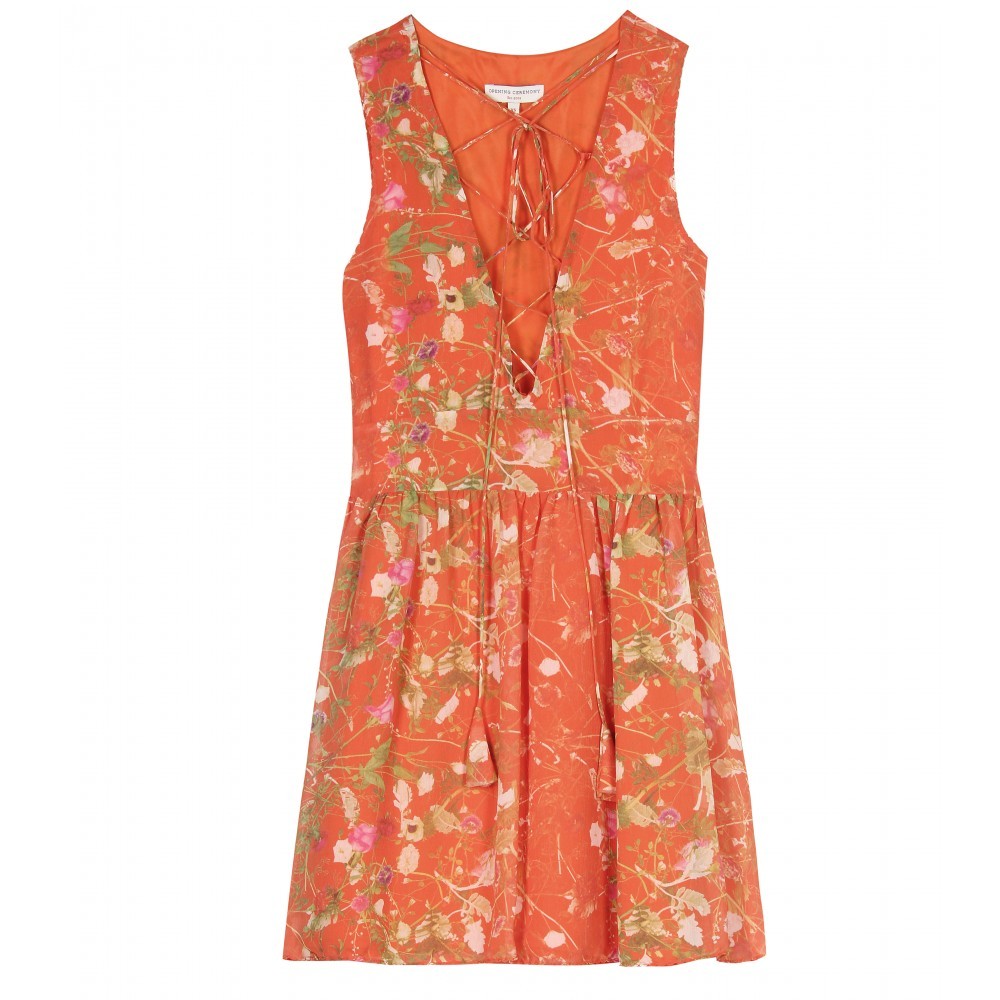 Floral Print Silk Dress - length: mid thigh; neckline: low v-neck; fit: fitted at waist; pattern: floral - busy, florals; sleeve style: sleeveless; bust detail: added detail/embellishment at bust, drawstring detail at bust; waist detail: fitted waist, twist front waist detail/nipped in at waist on one side/soft pleats/draping/ruching/gathering waist detail; predominant colour: bright orange; occasions: casual; style: fit & flare; fibres: silk - 100%; material texture: chiffon; hip detail: soft pleats at hip/draping at hip/flared at hip; trends: prints, brights; sleeve length: sleeveless; texture group: sheer fabrics/chiffon/organza etc.; pattern type: fabric; pattern size: small & busy