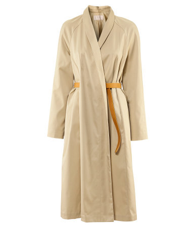 Coat - pattern: plain; collar: shawl/waterfall; style: wrap around; hip detail: front pockets at hip; fit: slim fit; predominant colour: stone; occasions: casual, evening, work; fibres: cotton - mix; length: below the knee; waist detail: belted waist/tie at waist/drawstring; sleeve length: long sleeve; sleeve style: standard; pattern type: fabric; pattern size: standard