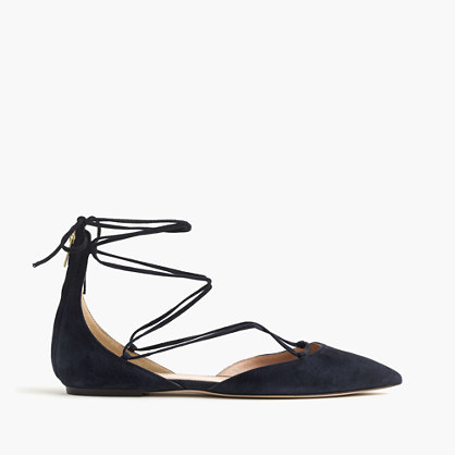 Suede Lace Up Pointed Toe Flats - predominant colour: black; occasions: casual; material: suede; heel height: flat; ankle detail: ankle tie; toe: pointed toe; style: ballerinas / pumps; finish: plain; pattern: plain; wardrobe: basic; season: s/s 2017