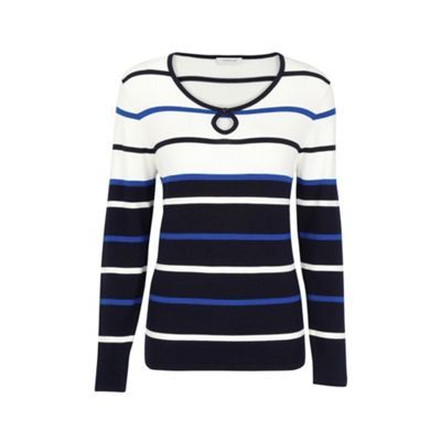 Cobalt Stripe Keyhole Sweater - neckline: scoop neck; pattern: horizontal stripes; style: standard; occasions: casual; length: standard; trends: knitwear; fibres: polyester/polyamide - stretch; fit: standard fit; predominant colour: multicoloured; sleeve length: long sleeve; sleeve style: standard; pattern type: knitted - other; pattern size: standard