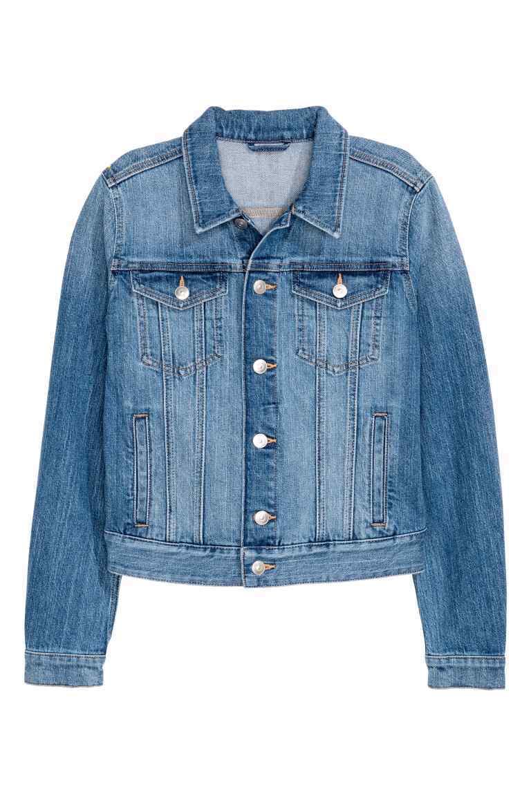 Denim Jacket - pattern: plain; style: denim; predominant colour: denim; occasions: casual, creative work; length: standard; fit: tailored/fitted; fibres: cotton - stretch; collar: shirt collar/peter pan/zip with opening; sleeve length: long sleeve; sleeve style: standard; texture group: denim; collar break: high; pattern type: fabric; wardrobe: basic; season: s/s 2017