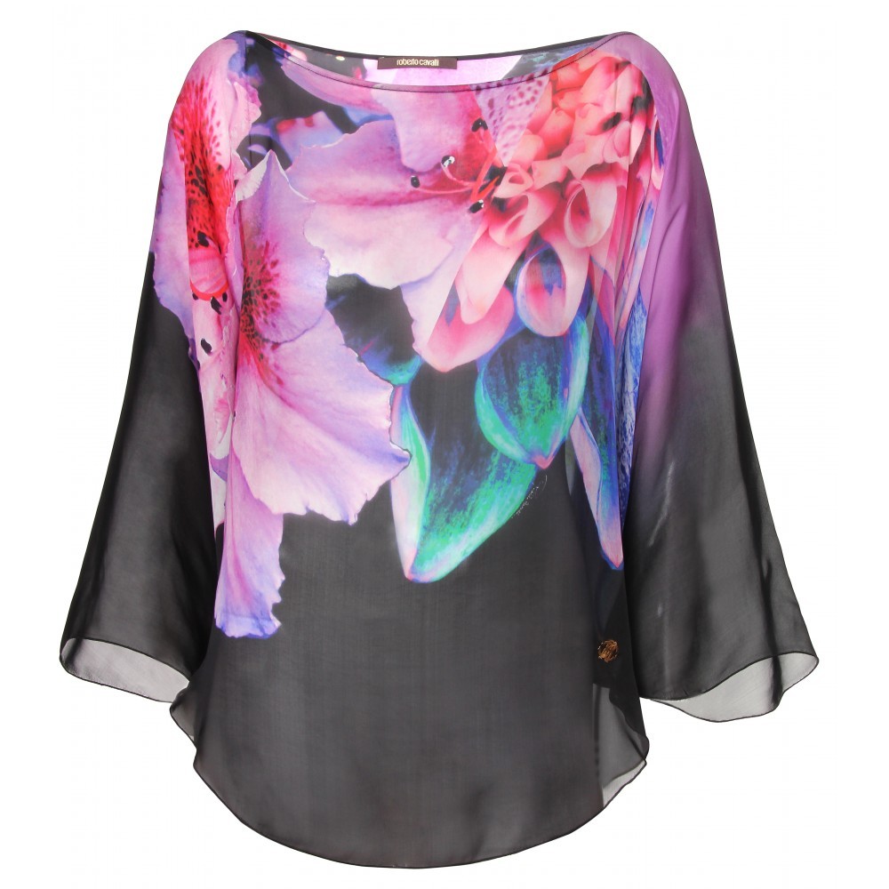 Floral Print Silk Top - neckline: slash/boat neckline; sleeve style: angel/waterfall; pattern: floral - busy, print, florals, patterned/print; length: below the bottom; occasions: evening, occasion; style: top; trends: prints; fibres: silk - 100%; fit: body skimming; predominant colour: multicoloured; sleeve length: long sleeve; pattern type: fabric; pattern size: small & busy
