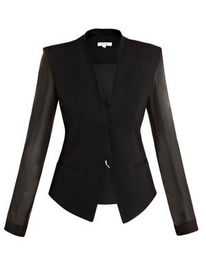 Silk Sleeve Jacket - pattern: plain; shoulder detail: shoulder pads; collar: shawl/waterfall; hip detail: front pockets at hip; style: tailored/fitted; predominant colour: black; occasions: casual, evening, work, occasion; length: standard; fit: tailored/fitted; trends: masculine tailoring, evening wear; fibres: wool - mix; material texture: lace; waist detail: fitted waist; sleeve length: long sleeve; sleeve style: standard; texture group: lace; pattern type: fabric; pattern size: standard