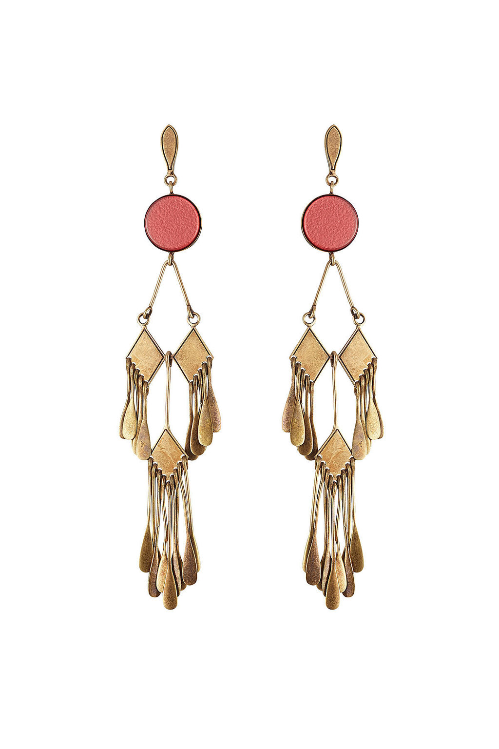 Chandelier Earrings - secondary colour: pink; predominant colour: gold; occasions: evening, occasion; style: drop; length: long; size: standard; material: chain/metal; fastening: pierced; finish: metallic; embellishment: chain/metal; wardrobe: event; season: s/s 2017