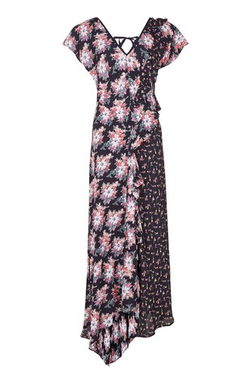 Splice D Ring Maxi Dress - neckline: v-neck; style: maxi dress; length: ankle length; back detail: tie at back; secondary colour: blush; predominant colour: black; occasions: casual, holiday; fit: body skimming; fibres: polyester/polyamide - 100%; sleeve length: short sleeve; sleeve style: standard; texture group: sheer fabrics/chiffon/organza etc.; pattern type: fabric; pattern size: standard; pattern: florals; multicoloured: multicoloured; trends: fashion girl, pretty girl; wardrobe: highlight; season: s/s 2017; embellishment: frills; embellishment location: skirt, top
